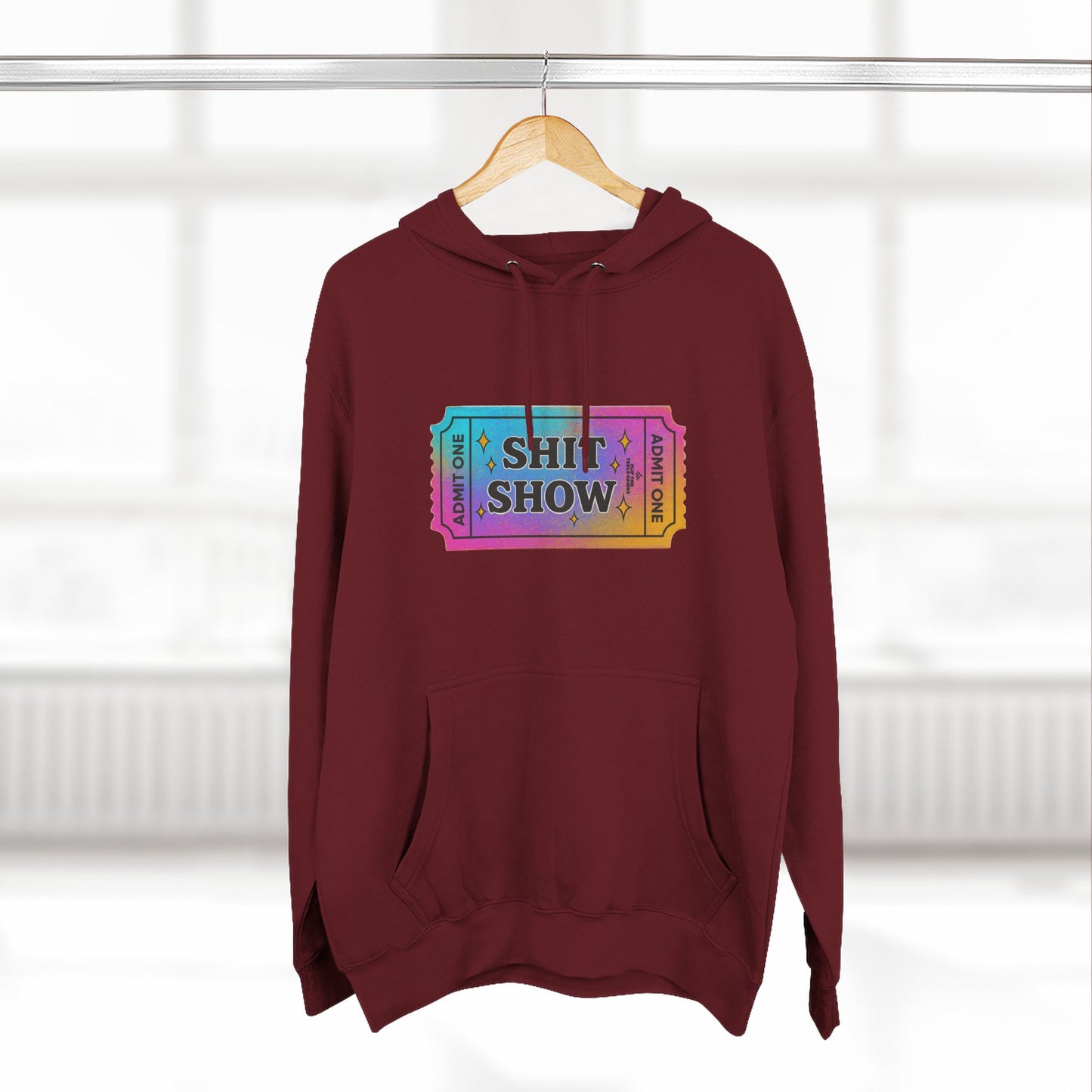 Vibrant Ticket Stub 'Shit Show' Graphic Hoodie — Funny Irreverent Pullover