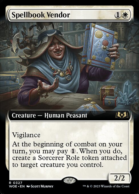 WOE, Spellbook Vendor, (Extended Art), 327, R, Near Mint, Normal, EN