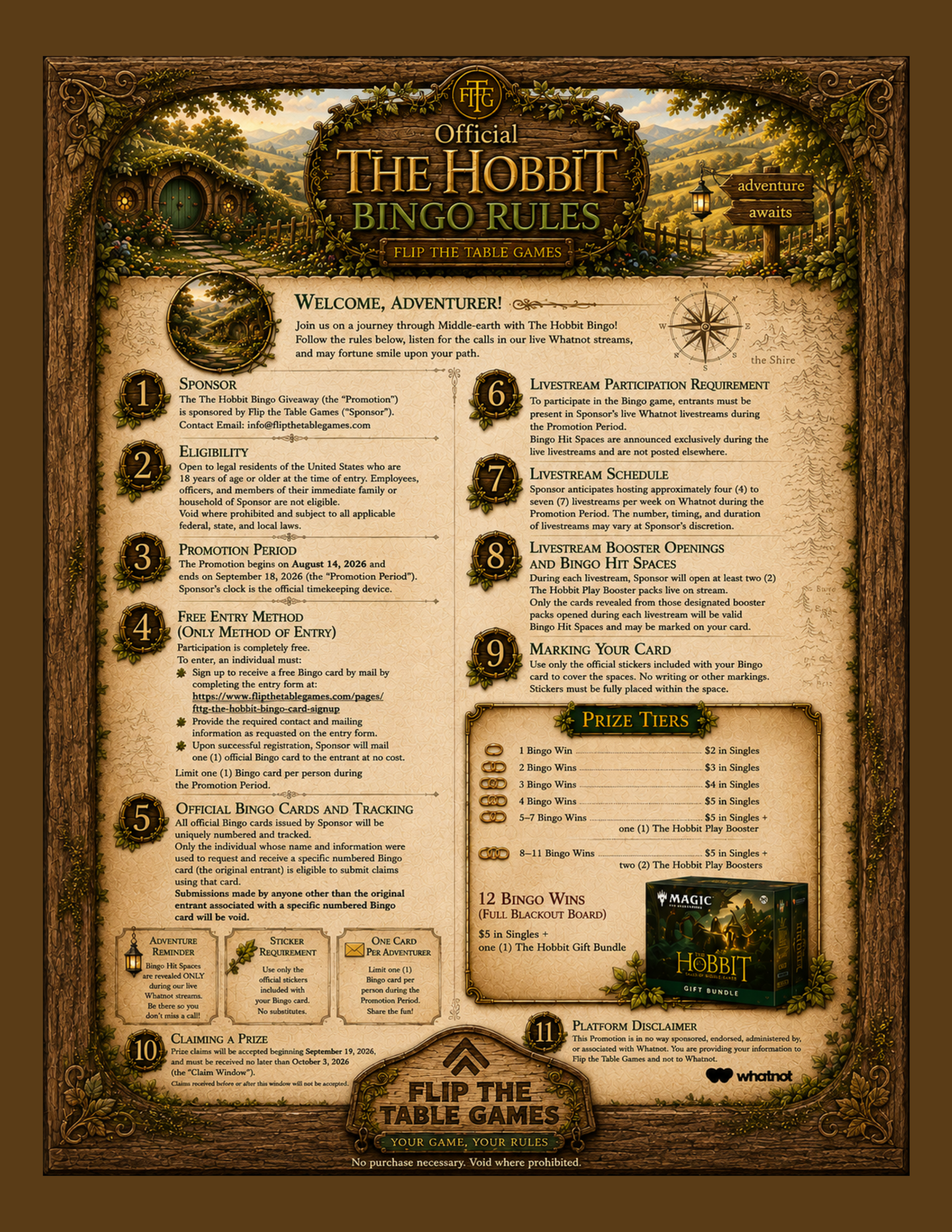 HOB, FTTG - The Hobbit Bingo Card - Game from 8/14/26 thru 9/24/26