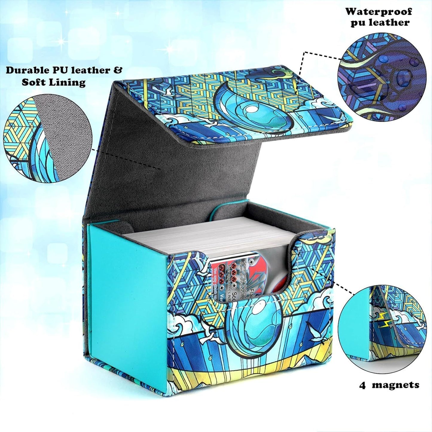 DMU Stained Glass Art PU Leather Commander Deck Box - Blue Mana Symbol