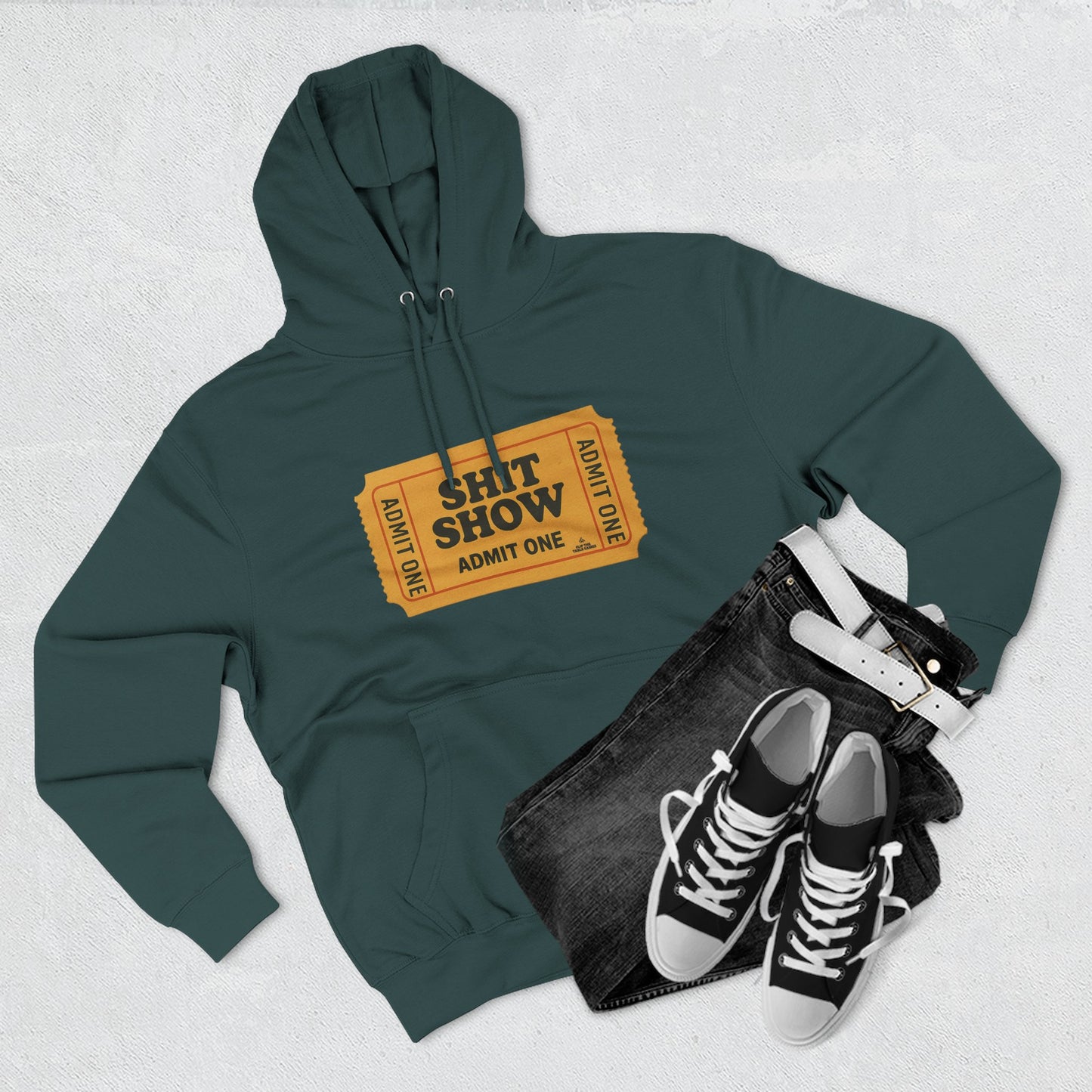 Hoodie — 'Shit Show Admit One' Yellow Vintage Ticket Graphic