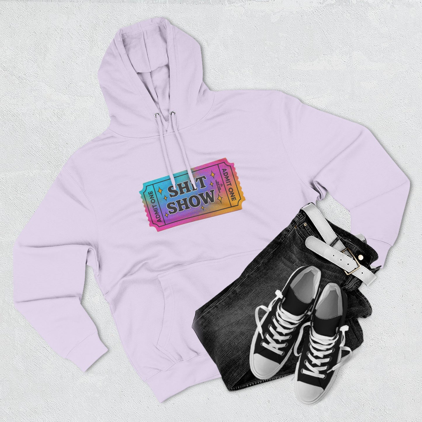 Vibrant Ticket Stub 'Shit Show' Graphic Hoodie — Funny Irreverent Pullover