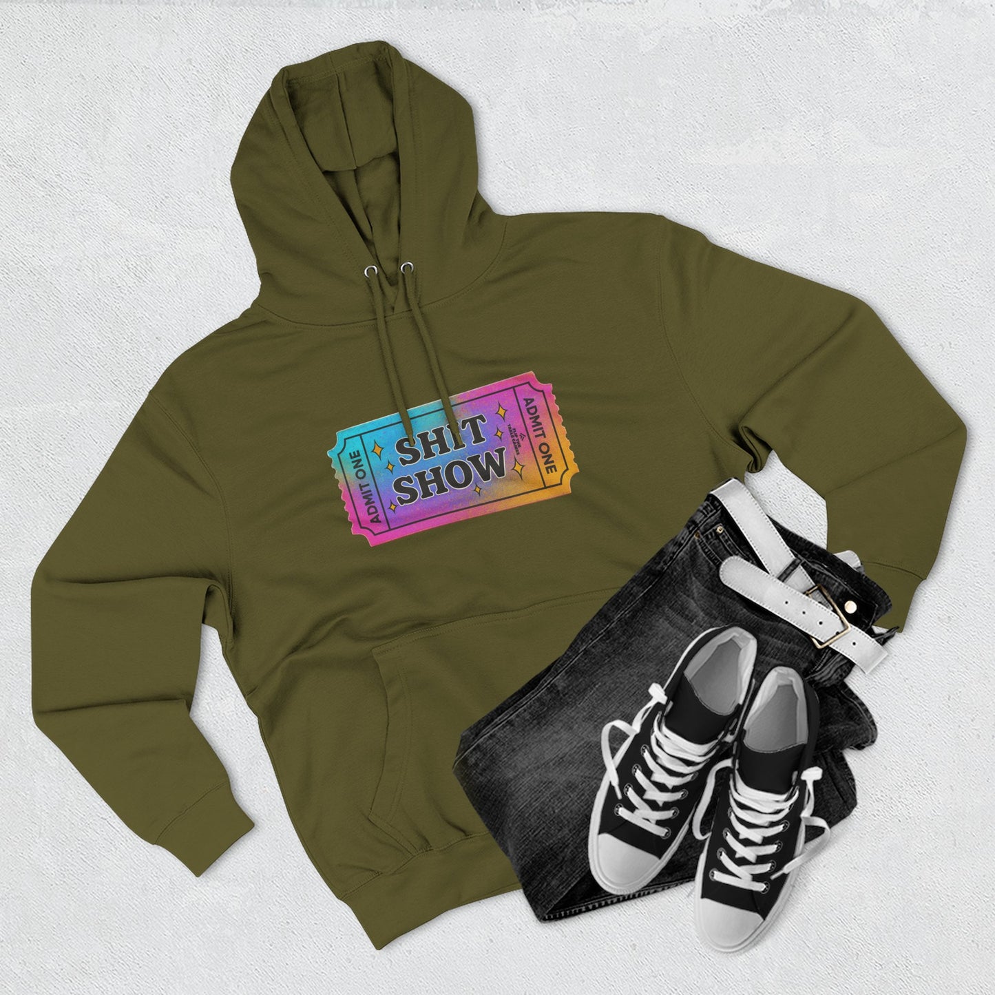 Vibrant Ticket Stub 'Shit Show' Graphic Hoodie — Funny Irreverent Pullover