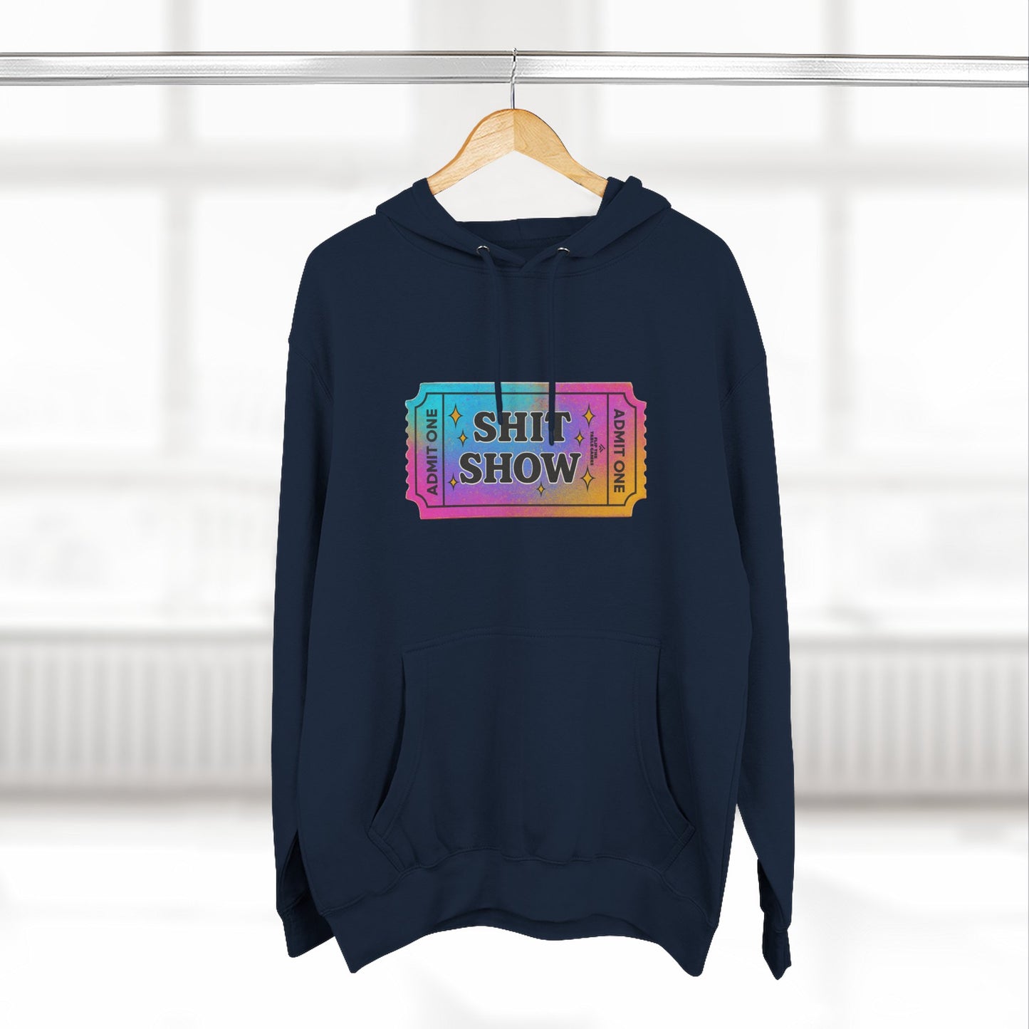 Vibrant Ticket Stub 'Shit Show' Graphic Hoodie — Funny Irreverent Pullover