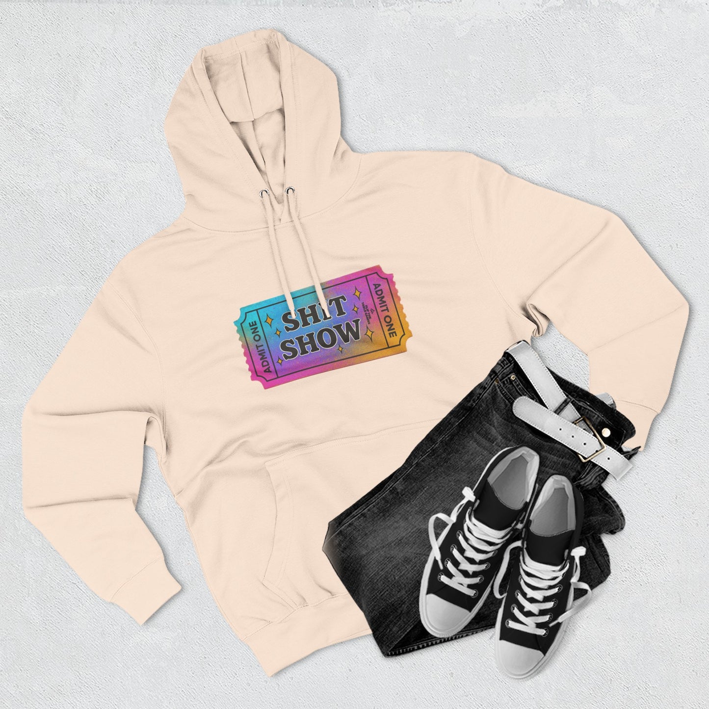 Vibrant Ticket Stub 'Shit Show' Graphic Hoodie — Funny Irreverent Pullover