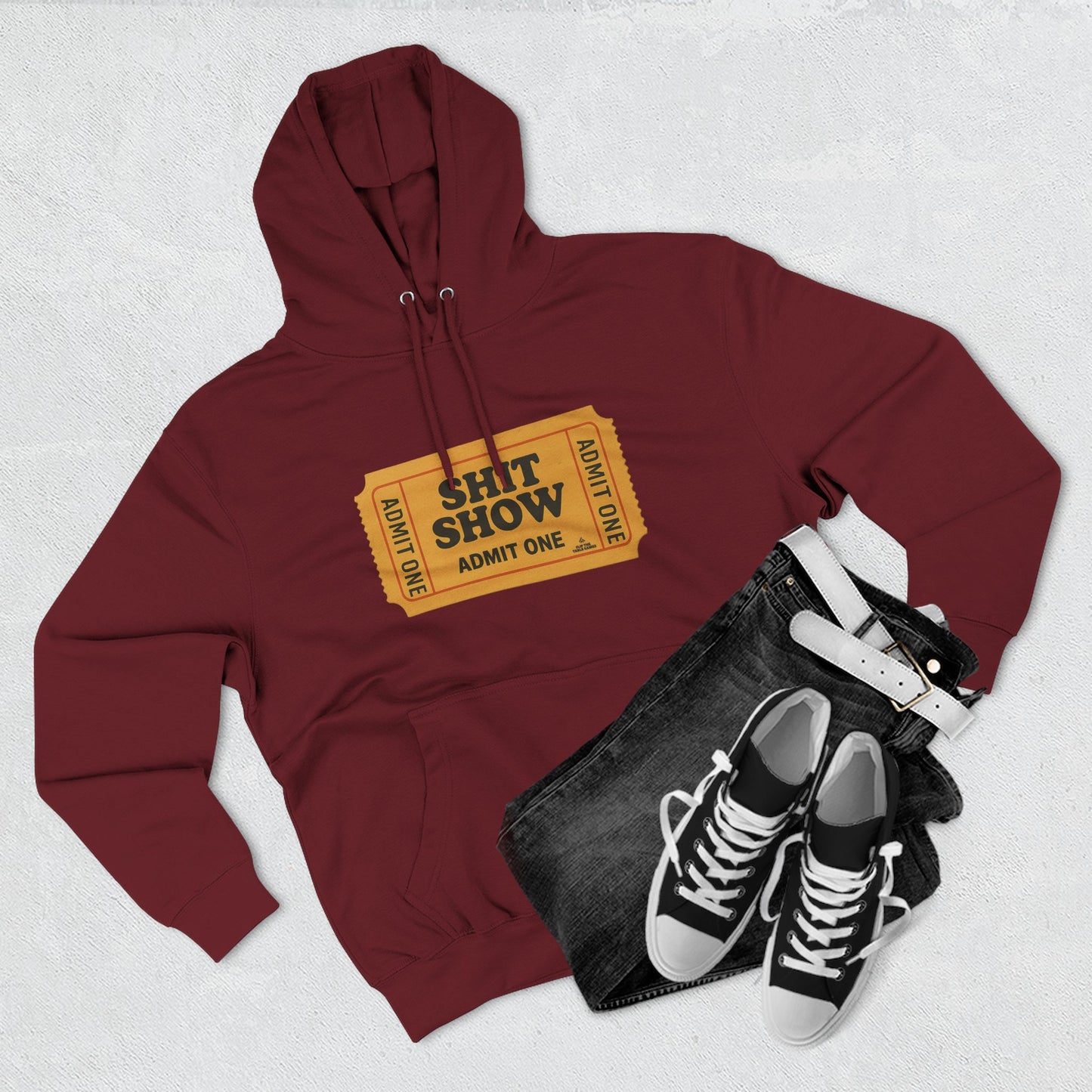 Hoodie — 'Shit Show Admit One' Yellow Vintage Ticket Graphic