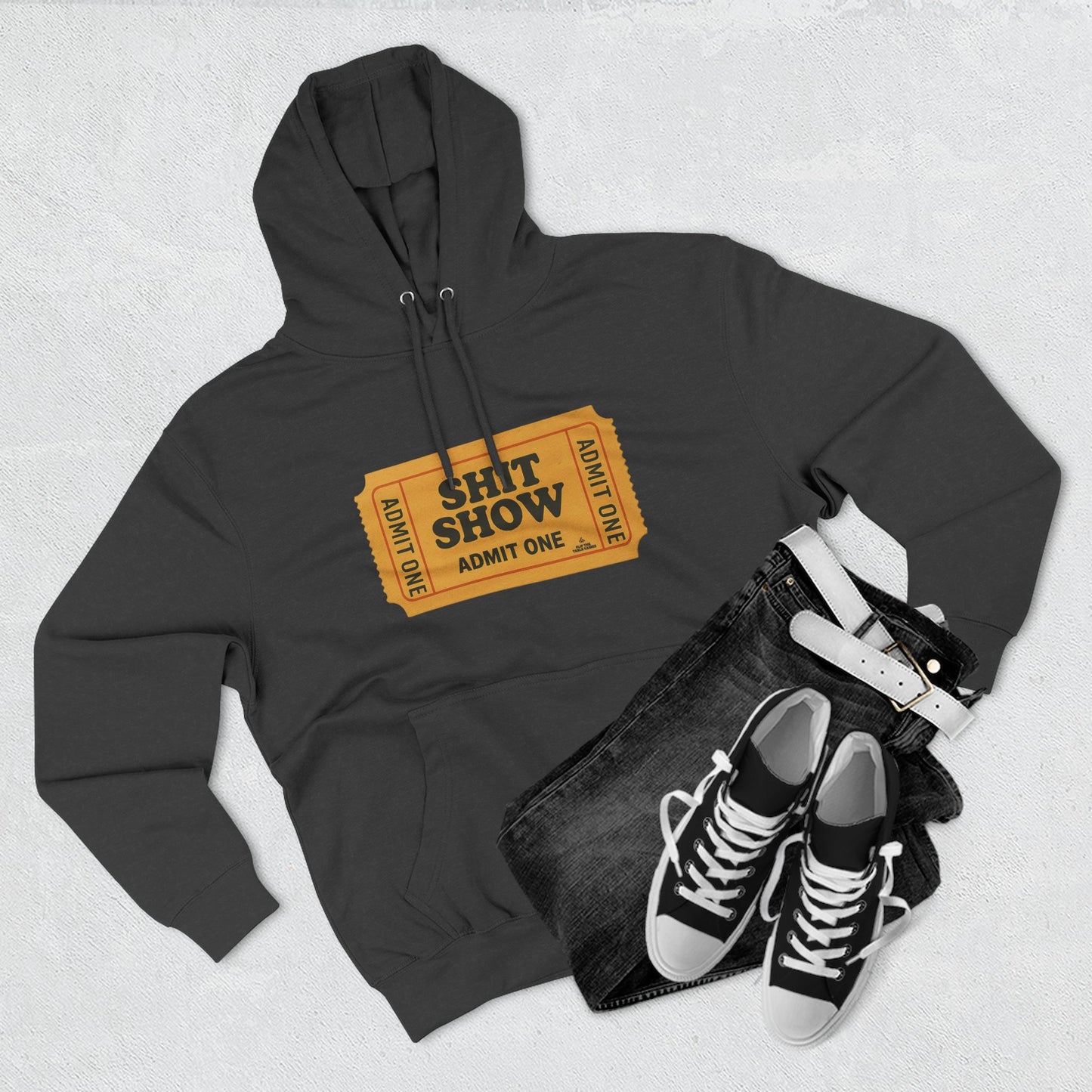 Hoodie — 'Shit Show Admit One' Yellow Vintage Ticket Graphic