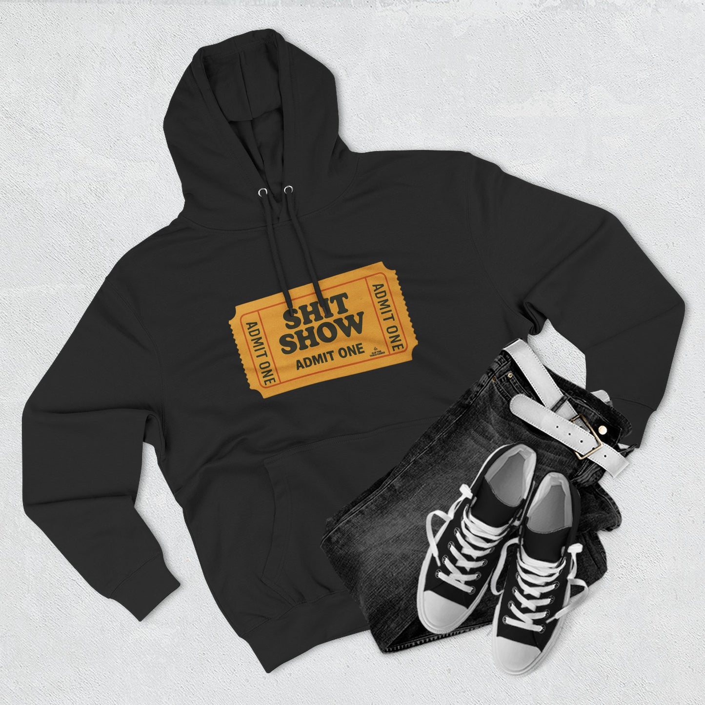 Hoodie — 'Shit Show Admit One' Yellow Vintage Ticket Graphic