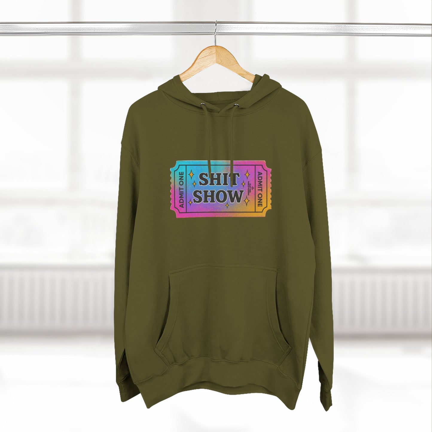 Vibrant Ticket Stub 'Shit Show' Graphic Hoodie — Funny Irreverent Pullover