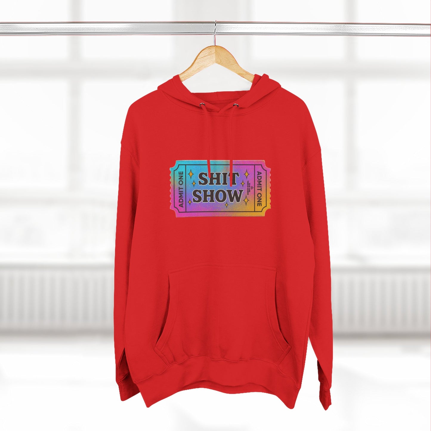 Vibrant Ticket Stub 'Shit Show' Graphic Hoodie — Funny Irreverent Pullover