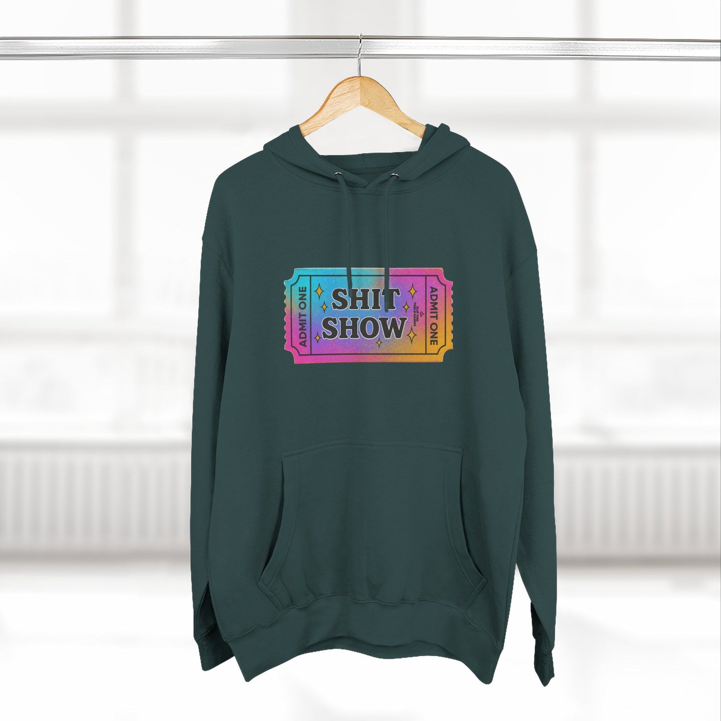 Vibrant Ticket Stub 'Shit Show' Graphic Hoodie — Funny Irreverent Pullover