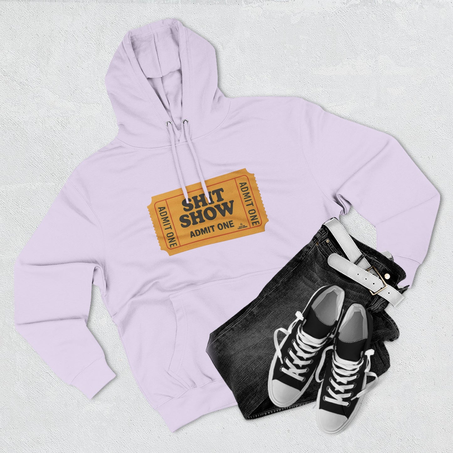 Hoodie — 'Shit Show Admit One' Yellow Vintage Ticket Graphic