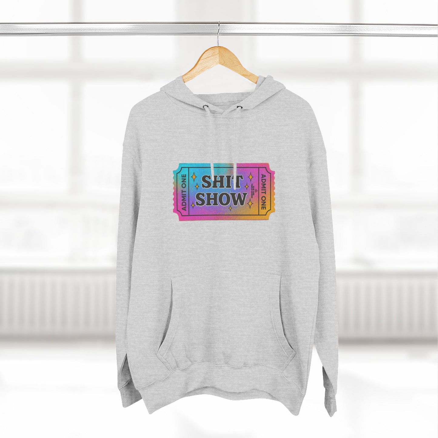 Vibrant Ticket Stub 'Shit Show' Graphic Hoodie — Funny Irreverent Pullover