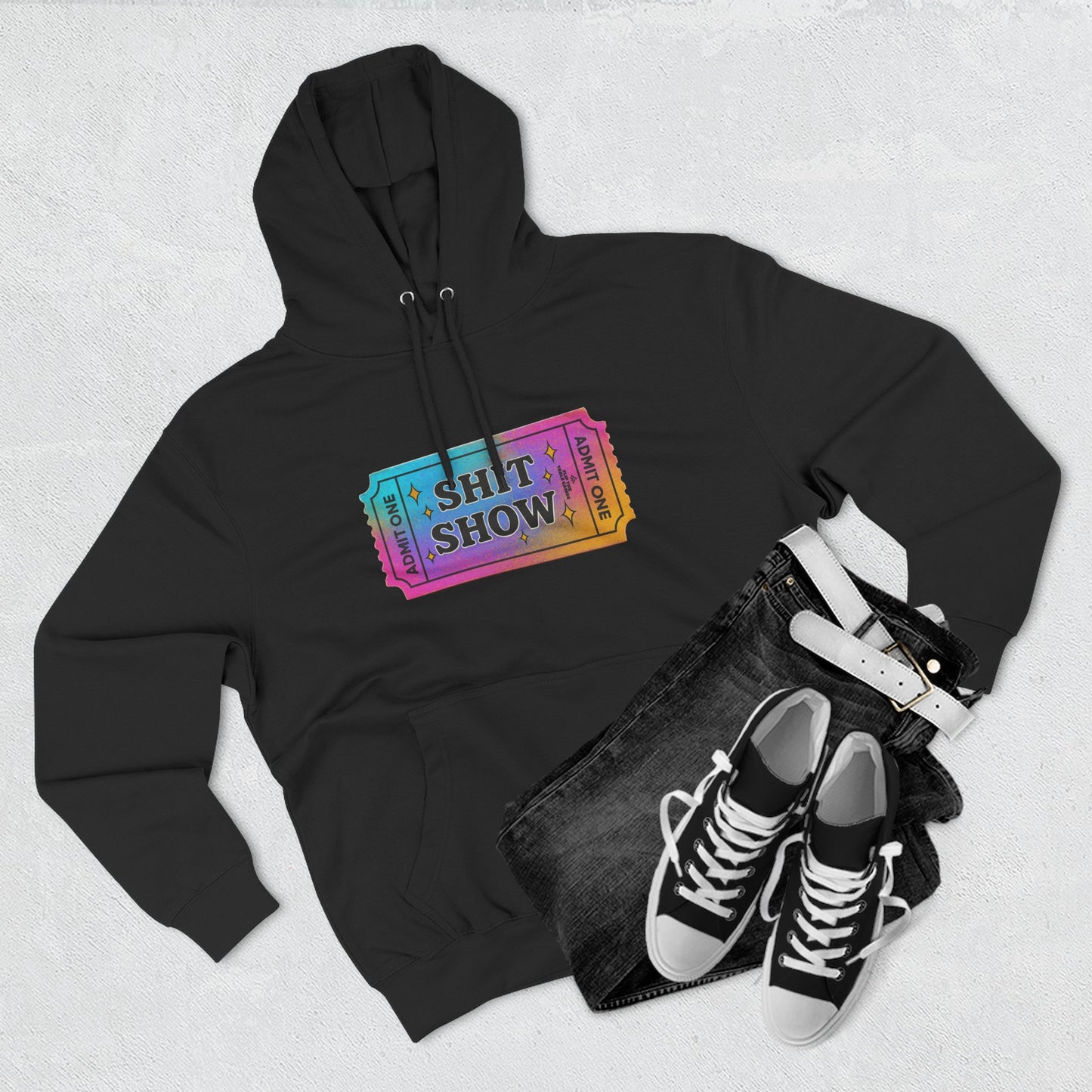 Vibrant Ticket Stub 'Shit Show' Graphic Hoodie — Funny Irreverent Pullover