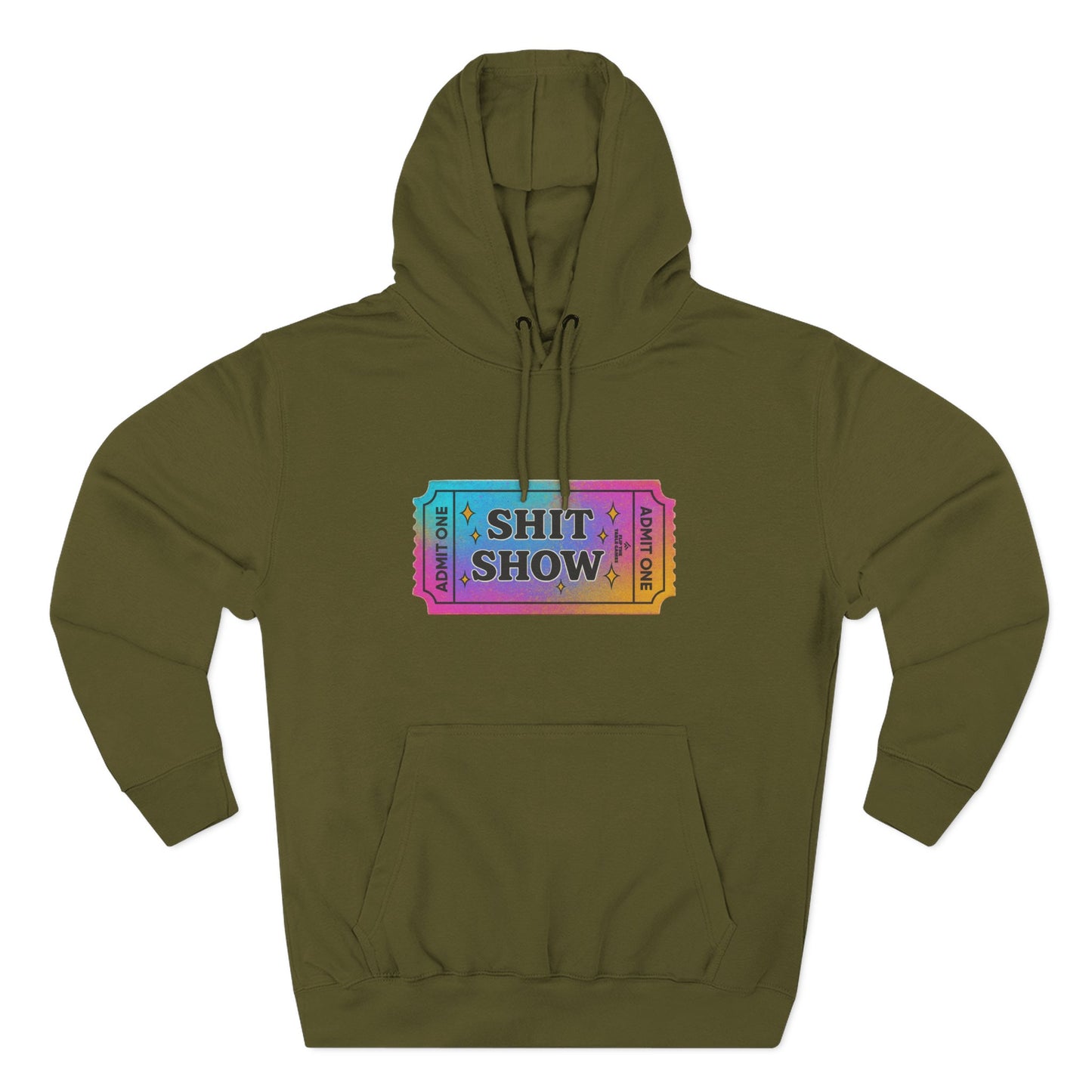 Vibrant Ticket Stub 'Shit Show' Graphic Hoodie — Funny Irreverent Pullover