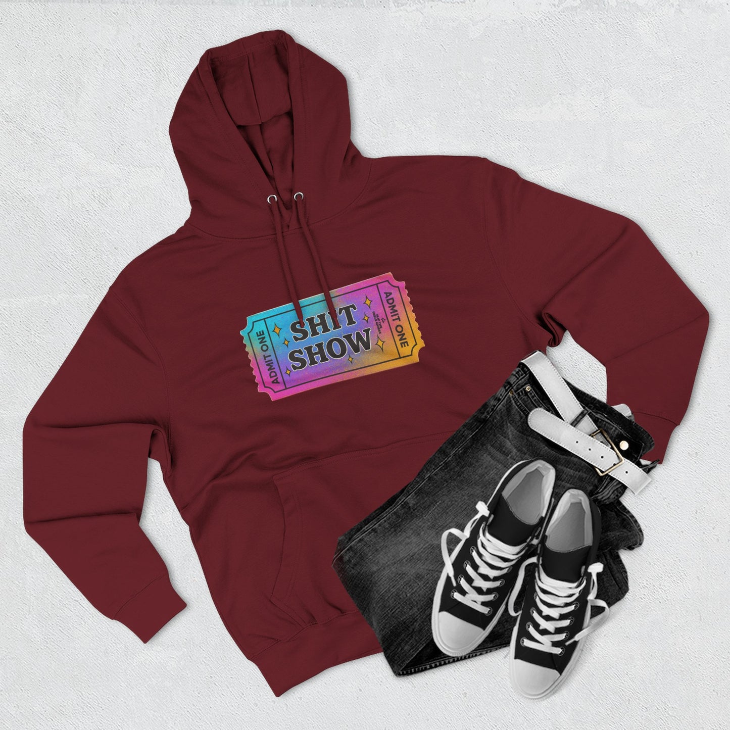 Vibrant Ticket Stub 'Shit Show' Graphic Hoodie — Funny Irreverent Pullover