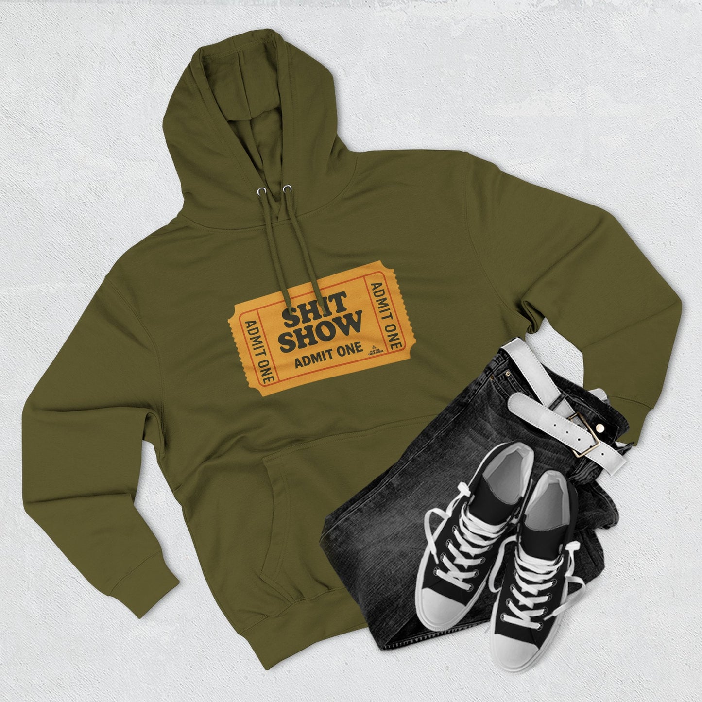 Hoodie — 'Shit Show Admit One' Yellow Vintage Ticket Graphic