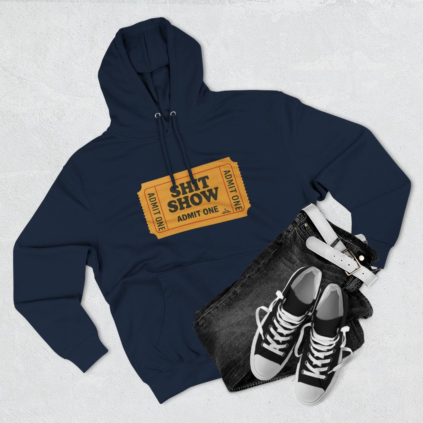 Hoodie — 'Shit Show Admit One' Yellow Vintage Ticket Graphic