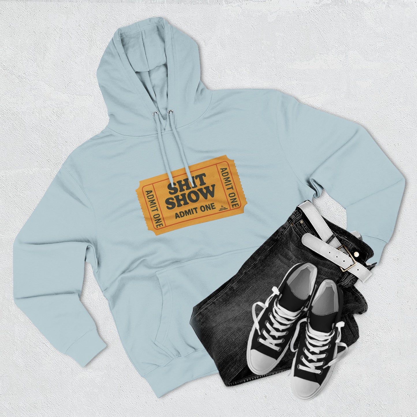 Hoodie — 'Shit Show Admit One' Yellow Vintage Ticket Graphic