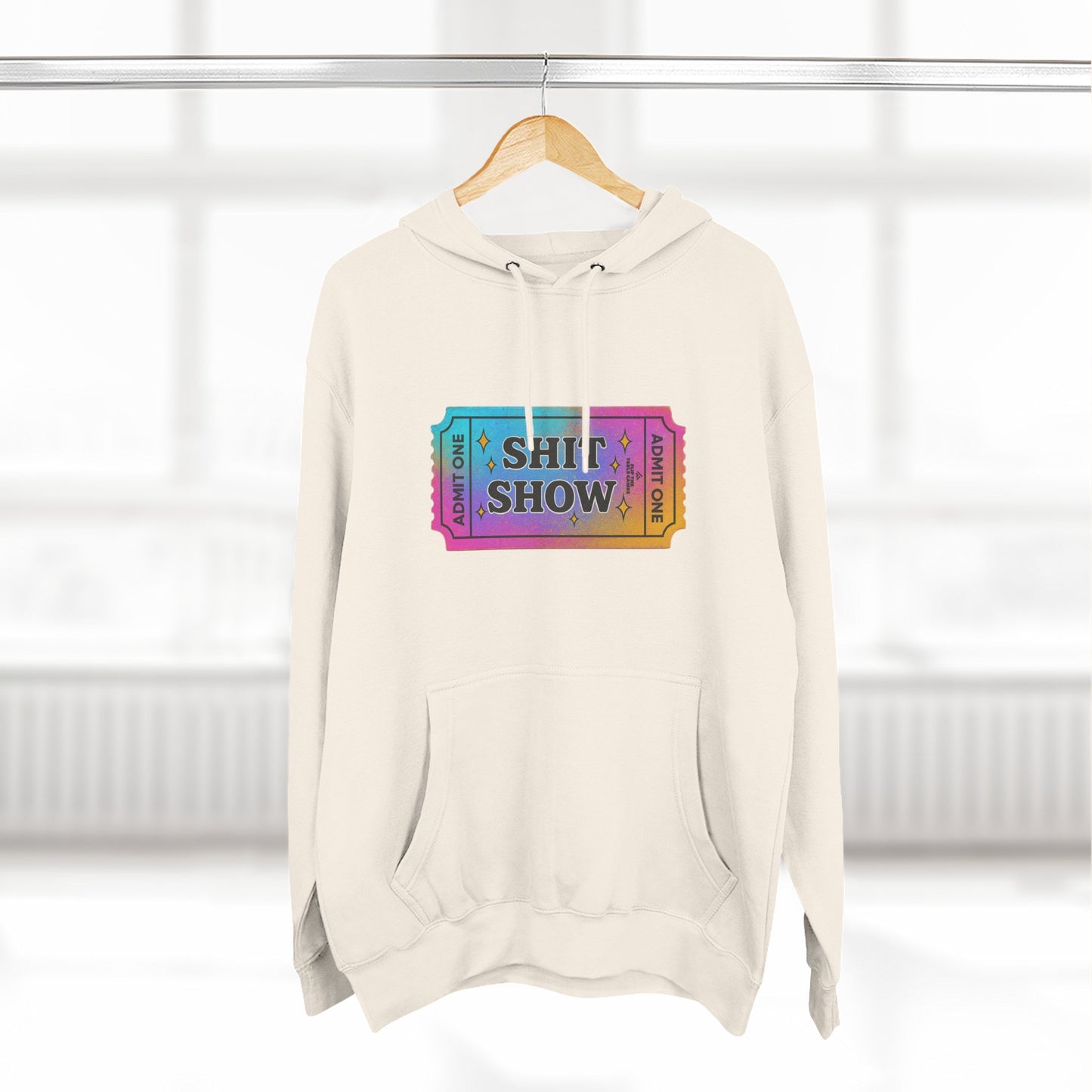 Vibrant Ticket Stub 'Shit Show' Graphic Hoodie — Funny Irreverent Pullover