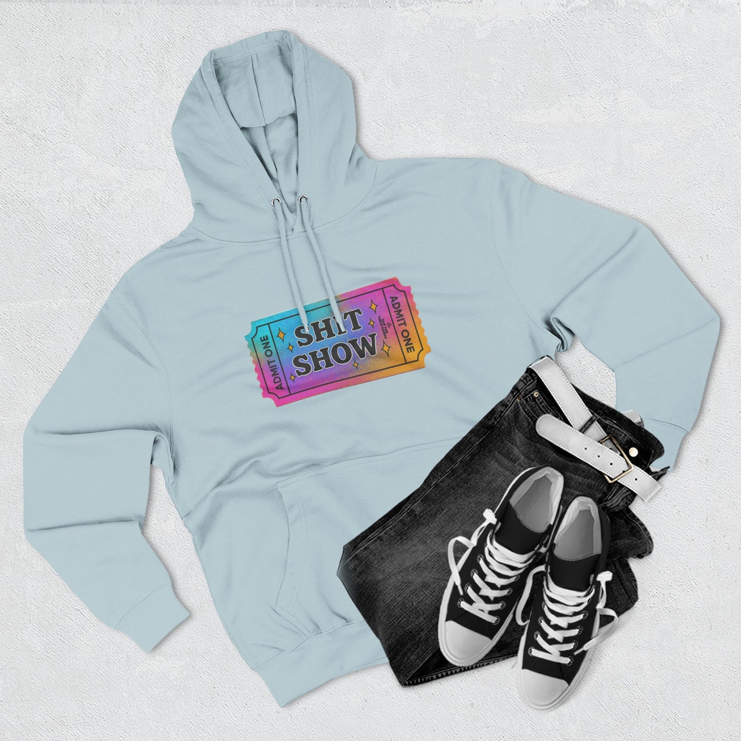 Vibrant Ticket Stub 'Shit Show' Graphic Hoodie — Funny Irreverent Pullover