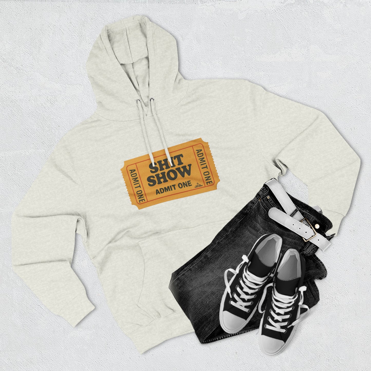 Hoodie — 'Shit Show Admit One' Yellow Vintage Ticket Graphic