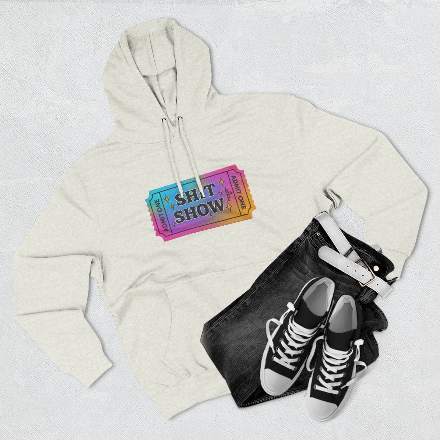 Vibrant Ticket Stub 'Shit Show' Graphic Hoodie — Funny Irreverent Pullover