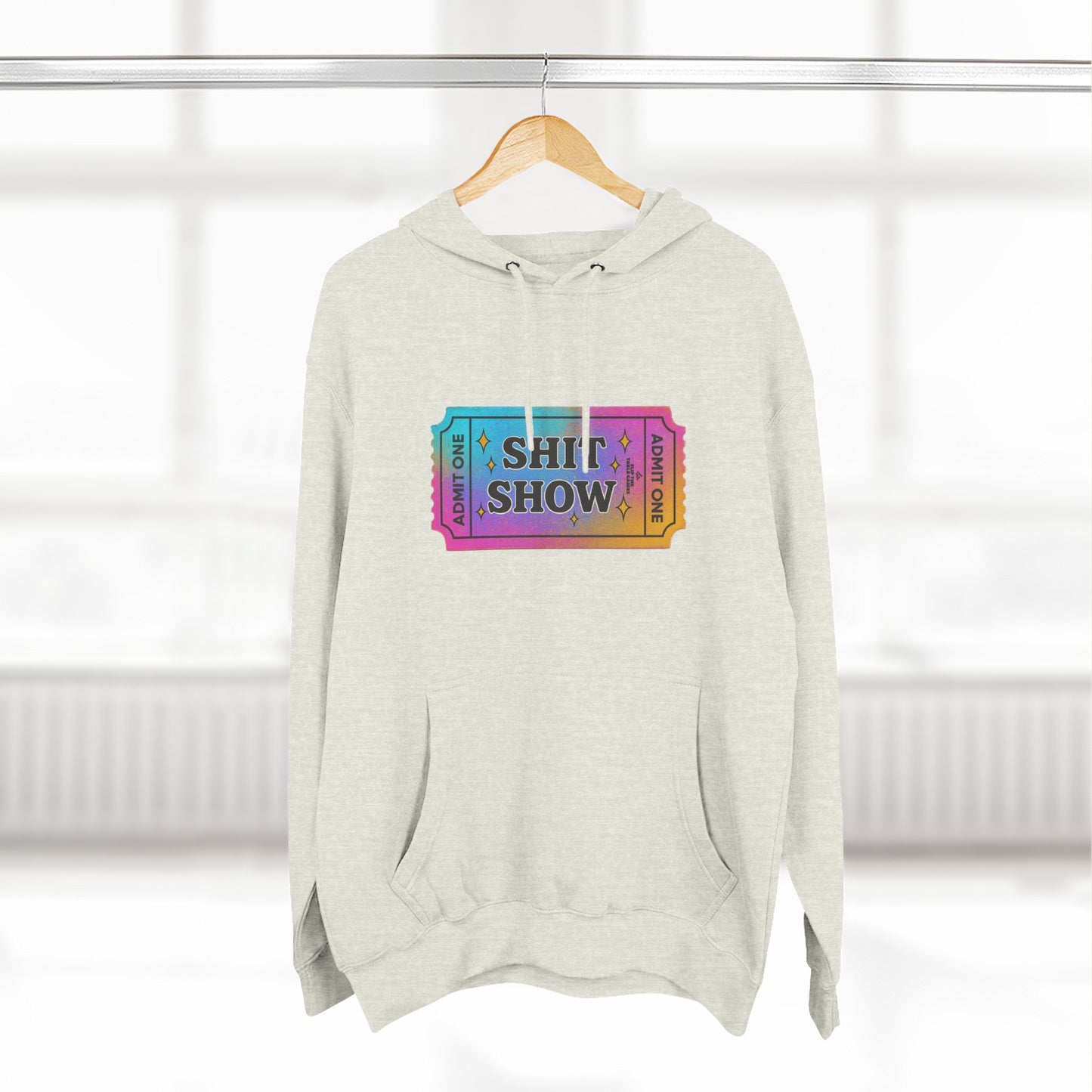 Vibrant Ticket Stub 'Shit Show' Graphic Hoodie — Funny Irreverent Pullover