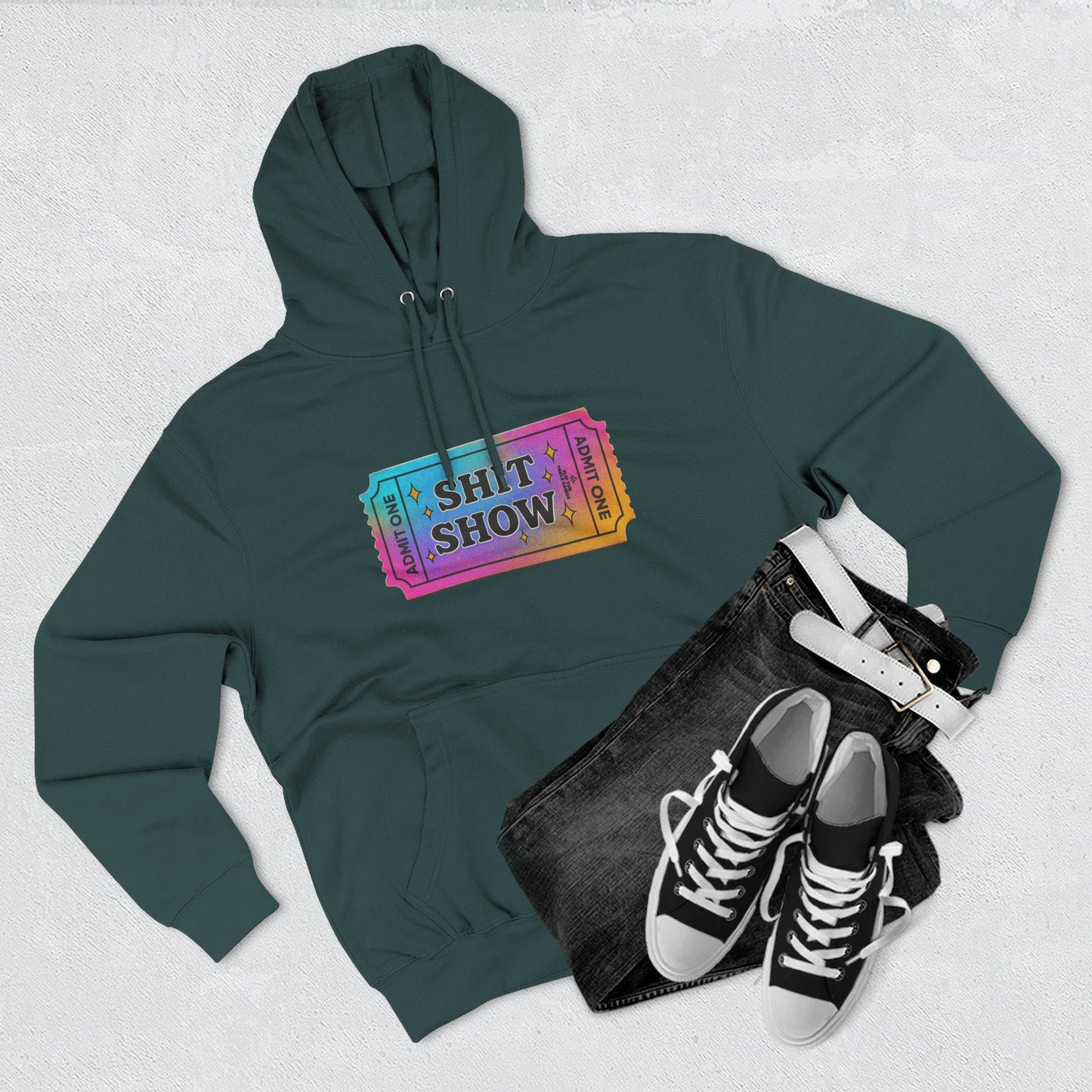 Vibrant Ticket Stub 'Shit Show' Graphic Hoodie — Funny Irreverent Pullover