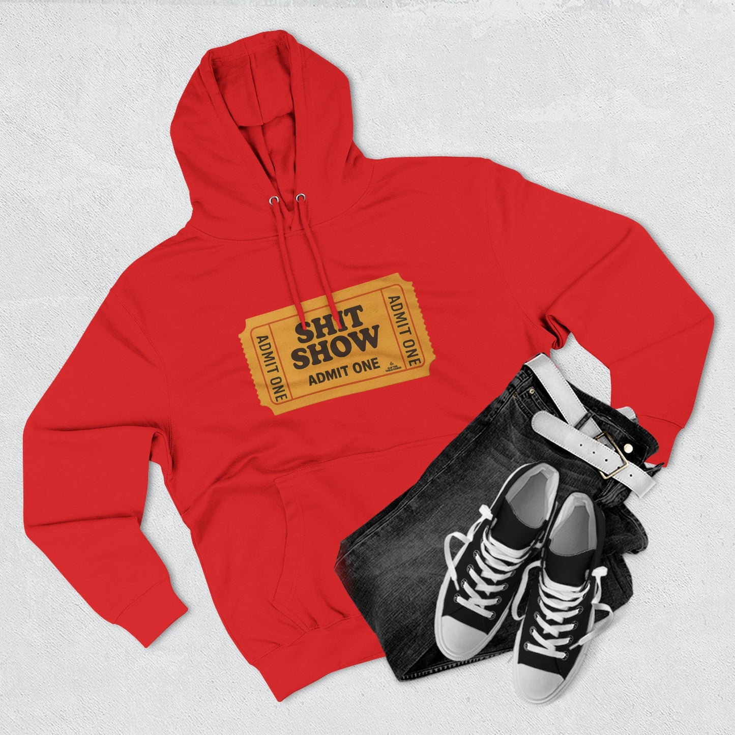 Hoodie — 'Shit Show Admit One' Yellow Vintage Ticket Graphic
