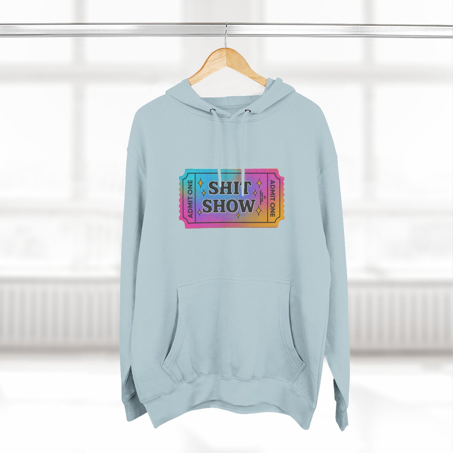 Vibrant Ticket Stub 'Shit Show' Graphic Hoodie — Funny Irreverent Pullover