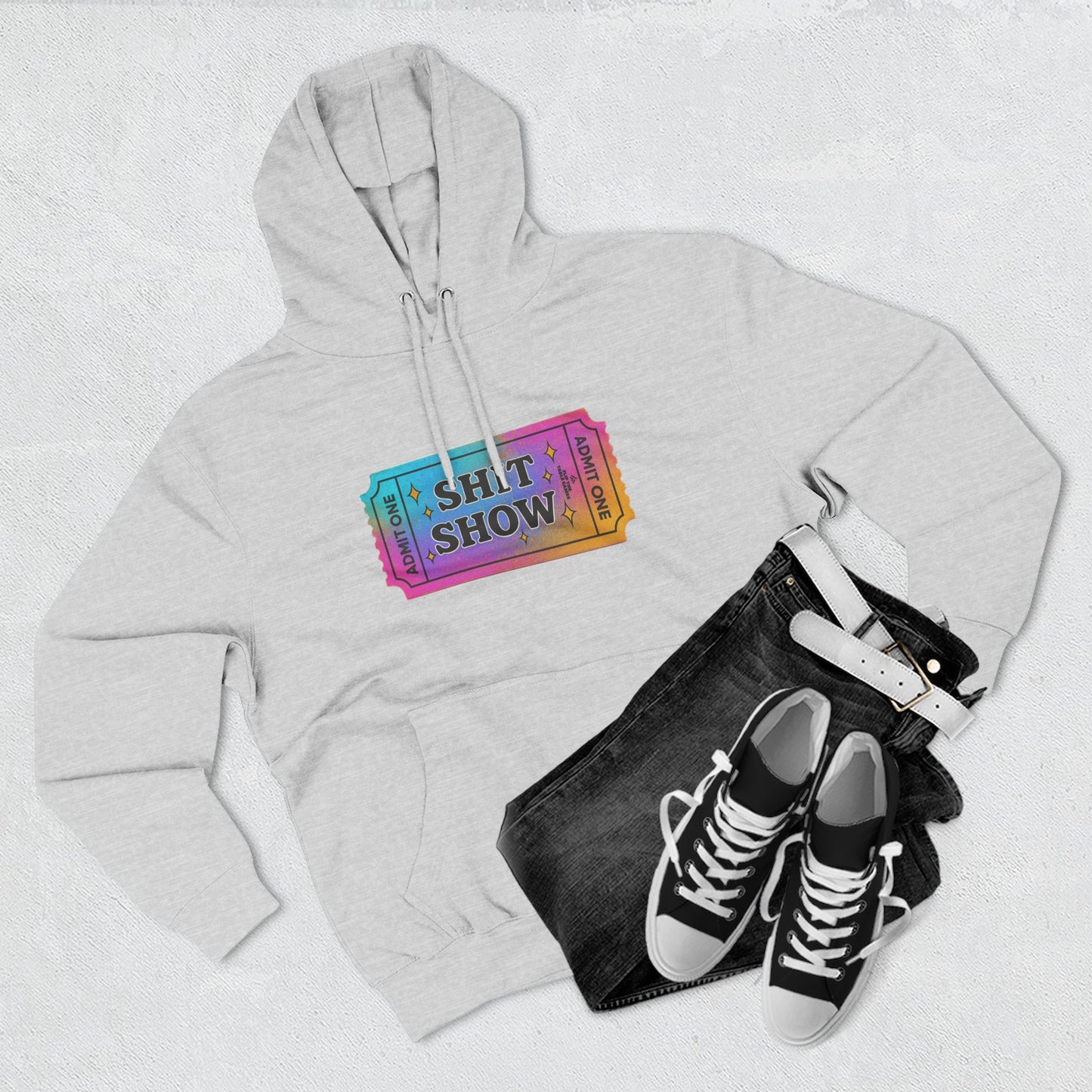 Vibrant Ticket Stub 'Shit Show' Graphic Hoodie — Funny Irreverent Pullover