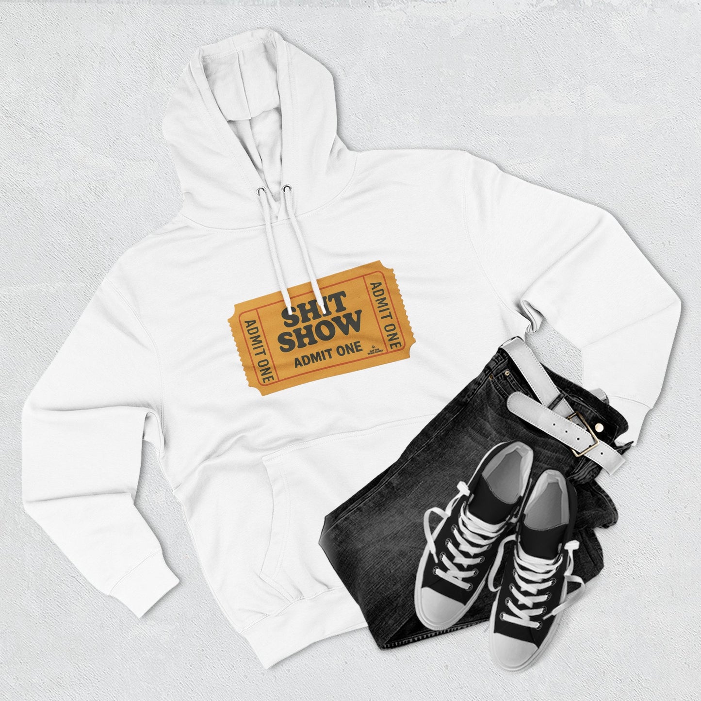 Hoodie — 'Shit Show Admit One' Yellow Vintage Ticket Graphic