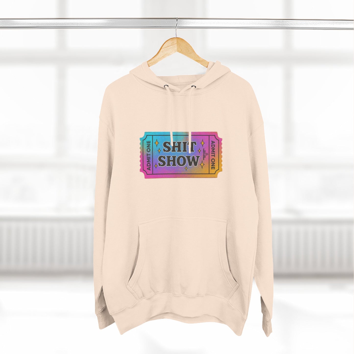 Vibrant Ticket Stub 'Shit Show' Graphic Hoodie — Funny Irreverent Pullover