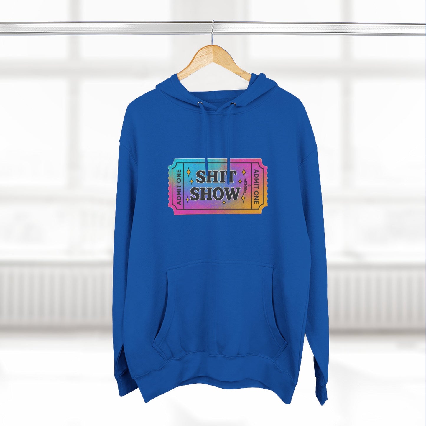Vibrant Ticket Stub 'Shit Show' Graphic Hoodie — Funny Irreverent Pullover