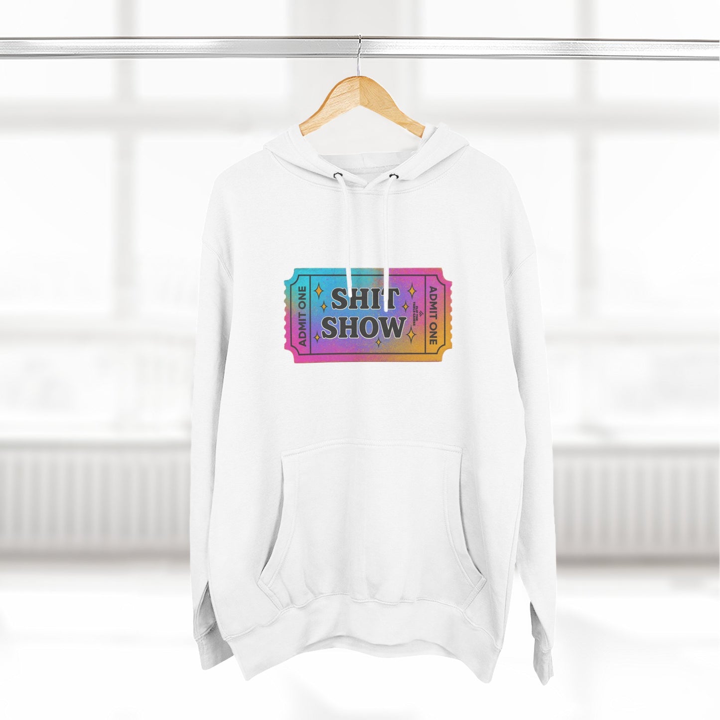 Vibrant Ticket Stub 'Shit Show' Graphic Hoodie — Funny Irreverent Pullover