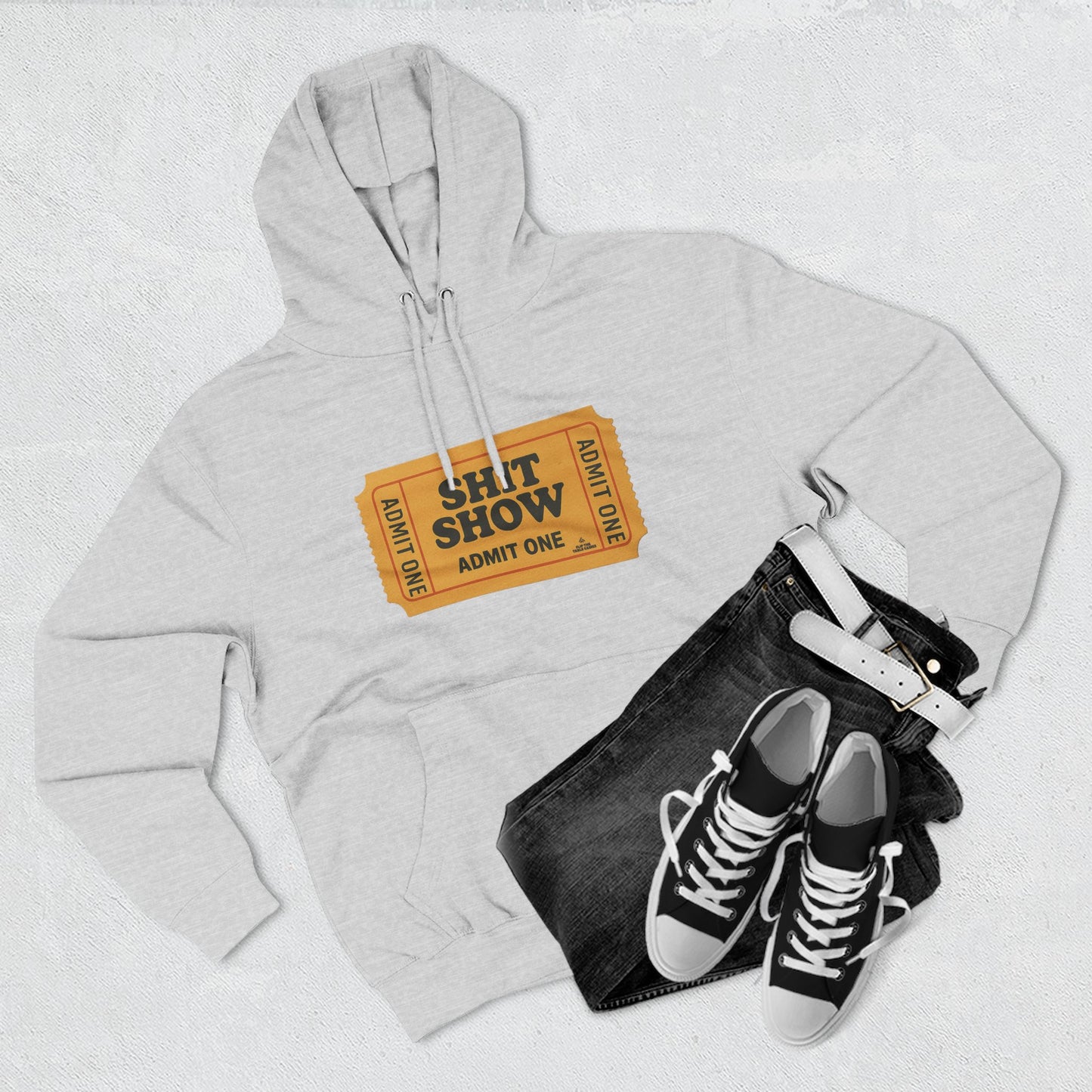 Hoodie — 'Shit Show Admit One' Yellow Vintage Ticket Graphic