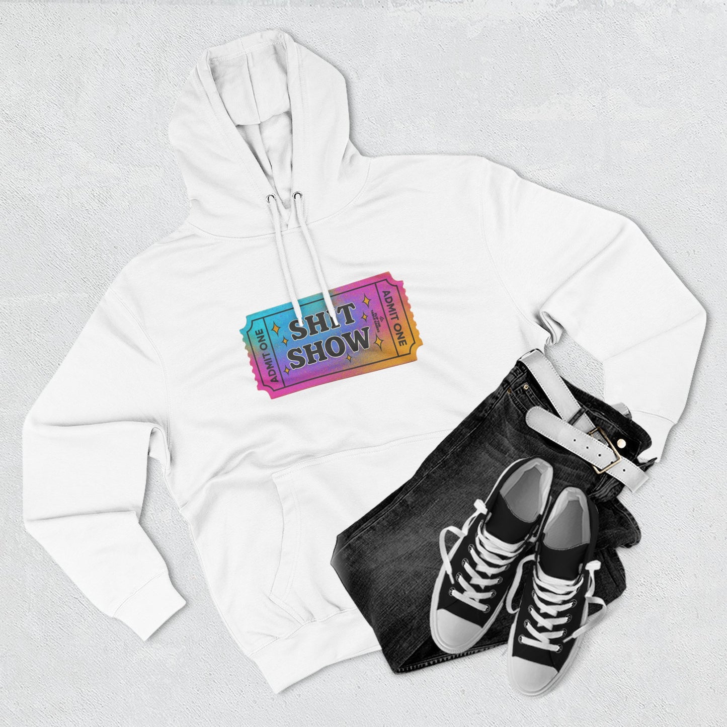 Vibrant Ticket Stub 'Shit Show' Graphic Hoodie — Funny Irreverent Pullover