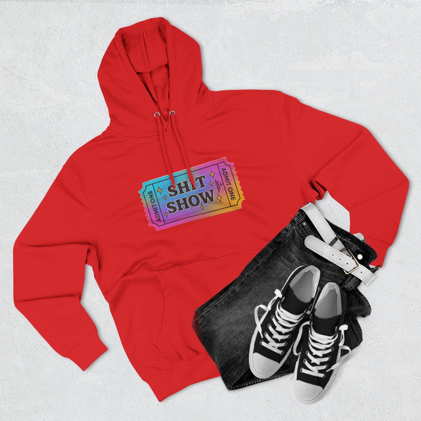 Vibrant Ticket Stub 'Shit Show' Graphic Hoodie — Funny Irreverent Pullover