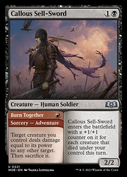 WOE, Callous Sell-Sword // Burn Together, Standard, 221, U, Near Mint, (Foil), EN