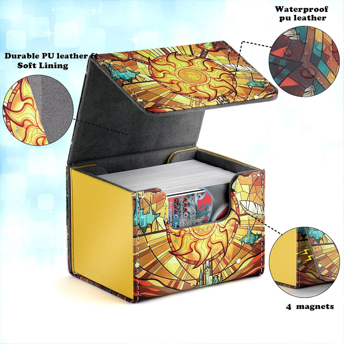 DMU Stained Glass Art PU Leather Commander Deck Box - White Mana Symbol