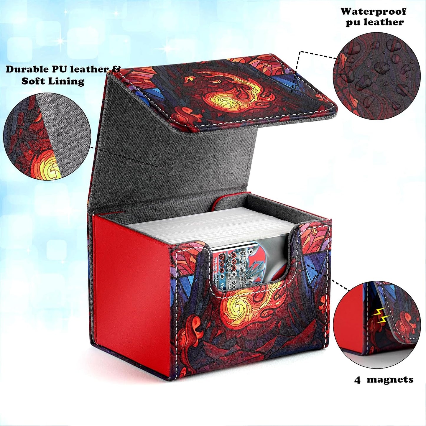DMU Stained Glass Art PU Leather Commander Deck Box - Red Mana Symbol