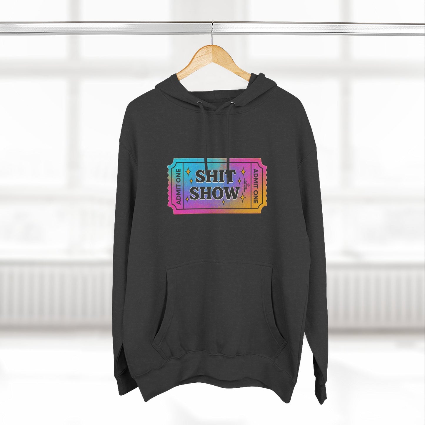 Vibrant Ticket Stub 'Shit Show' Graphic Hoodie — Funny Irreverent Pullover