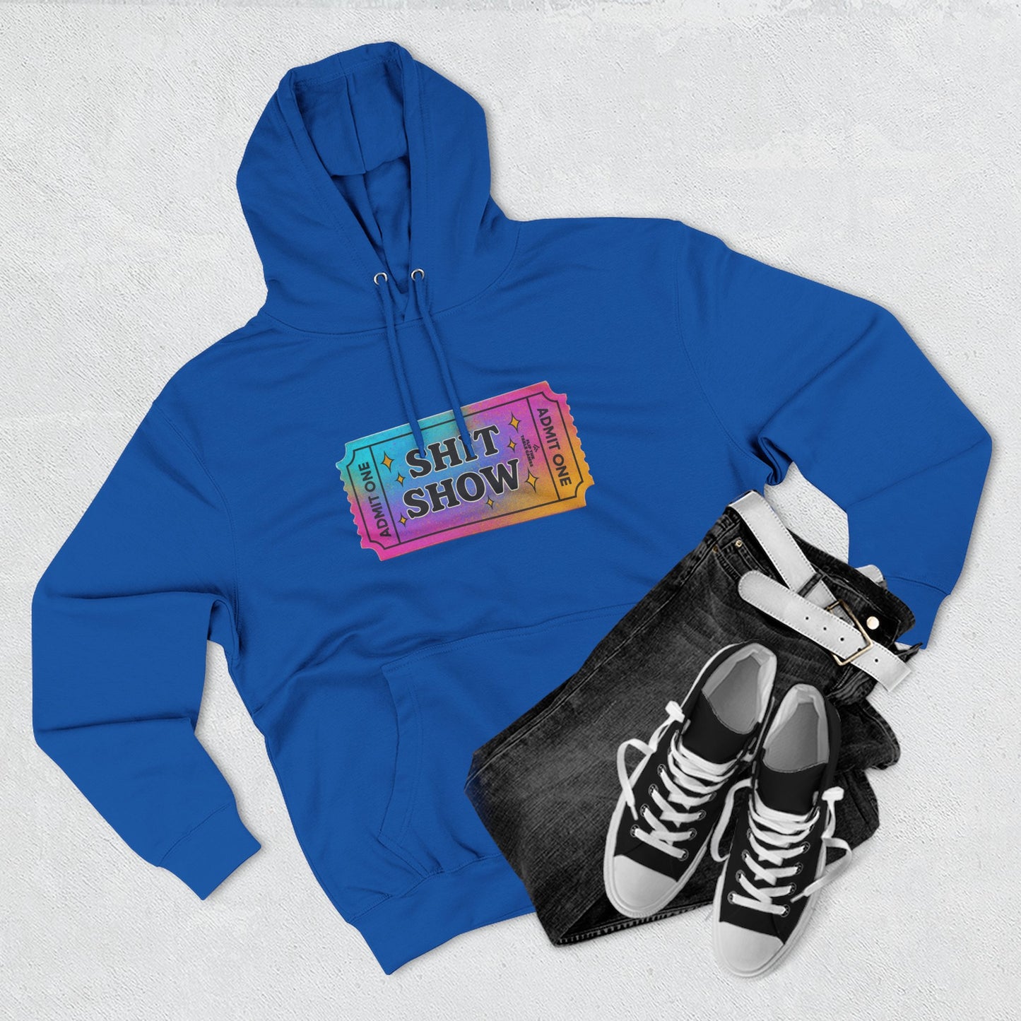 Vibrant Ticket Stub 'Shit Show' Graphic Hoodie — Funny Irreverent Pullover