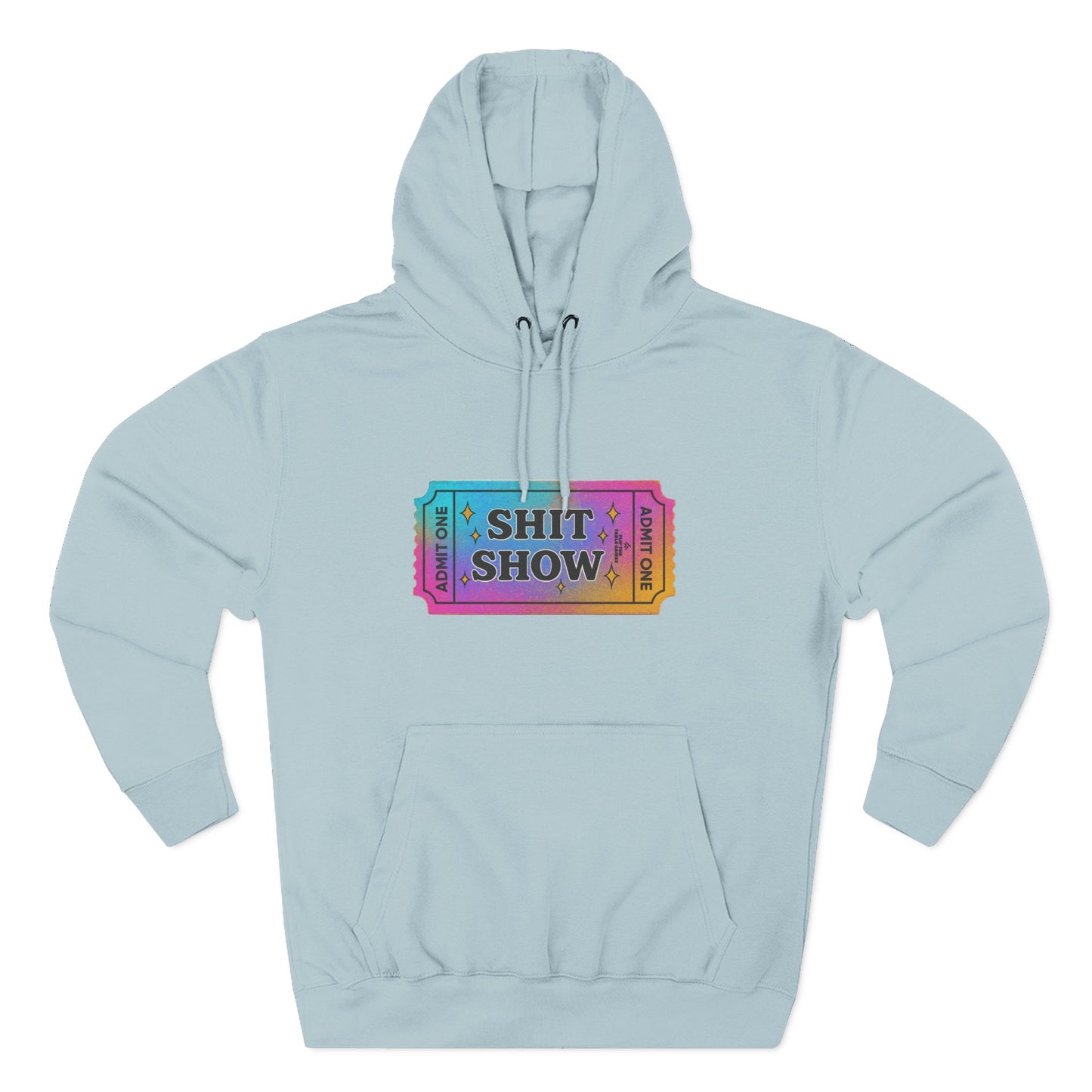Vibrant Ticket Stub 'Shit Show' Graphic Hoodie — Funny Irreverent Pullover