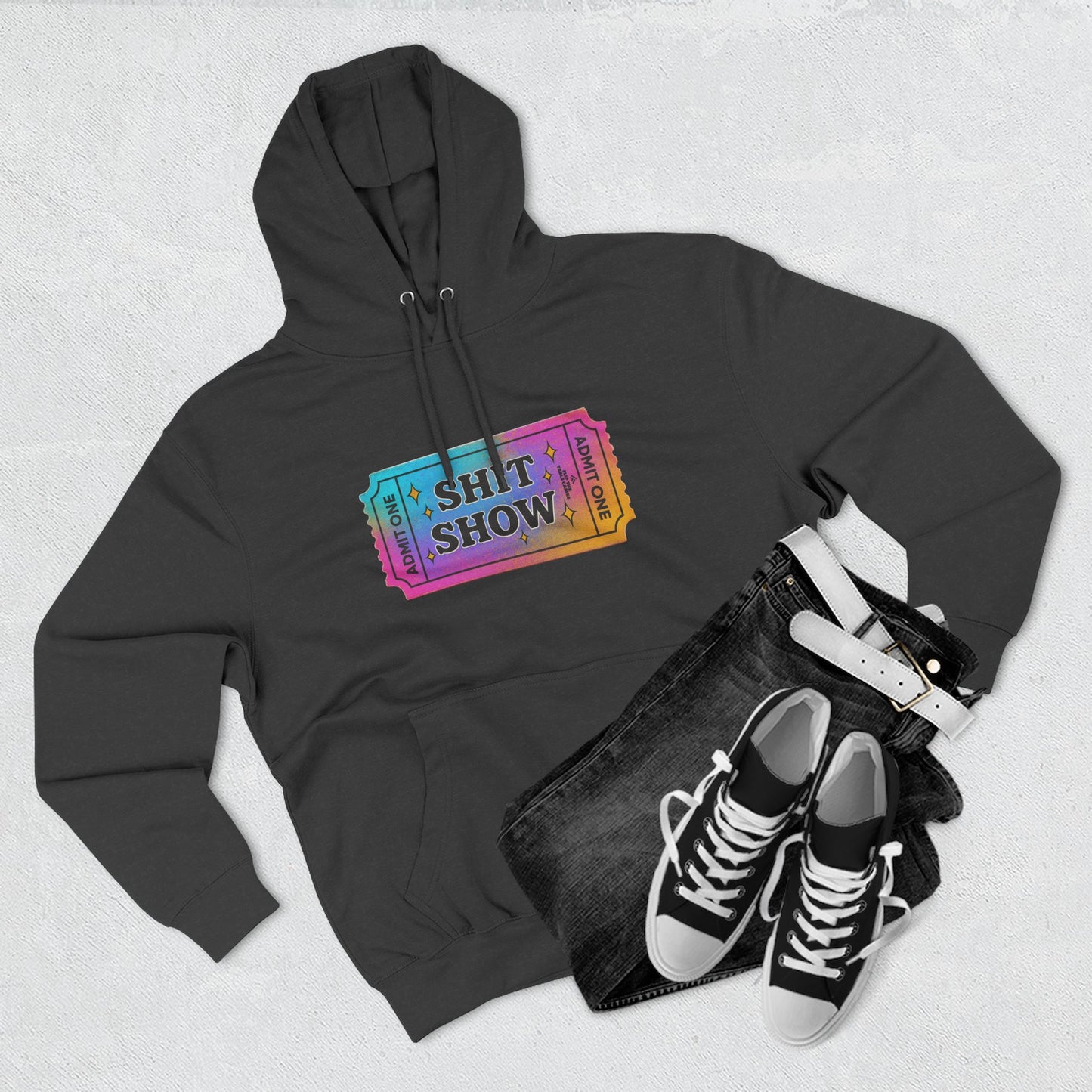 Vibrant Ticket Stub 'Shit Show' Graphic Hoodie — Funny Irreverent Pullover