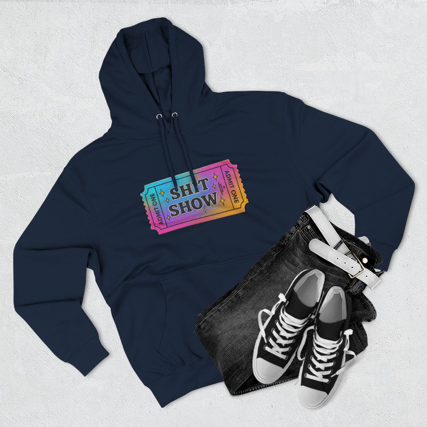Vibrant Ticket Stub 'Shit Show' Graphic Hoodie — Funny Irreverent Pullover