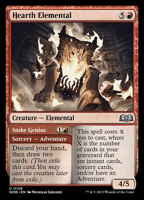 WOE, Hearth Elemental // Stoke Genius, Standard, 136, U, Near Mint, (Foil), EN