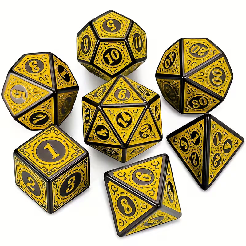 Yellow - 7pcs Vintage Polyhedral Dice Set, Plastic RPG Dice with Letter Details, Includes Velvet Bag