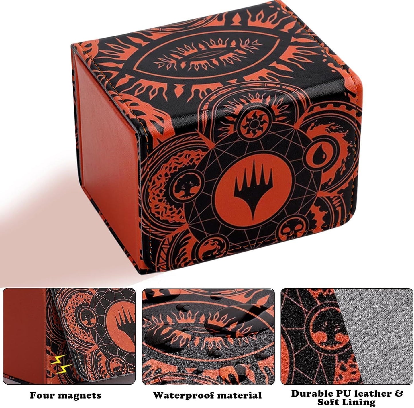 PU Leather Commander Deck Box - Fiery Orange - Planeswalker & Mana Symbols